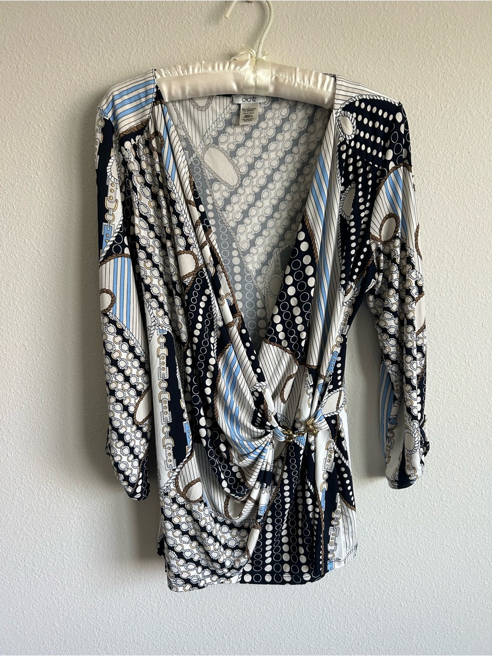 Elegant Y2K Women's Wrap Top In Blue, Black & White Pattern With Gold Accent Buc